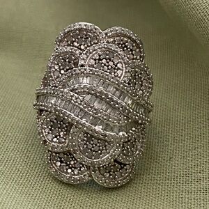 SJ Designer 925 Cocktail Diamond Ring Sz 6